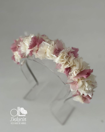Diadema de hortensias preservadas rosa empolvado